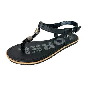 Sorel Flat Ella T Strap Sandals  Womens Size 6.5  Black Macrame & Leather Beaded